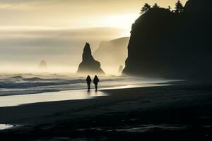 Silhouetten von Touristen genießen das schwarz Sand Strand und Ozean Wellen, generativ ai foto