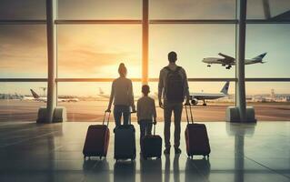zwei groß Reise Koffer und Familie auf Flughafen. generativ ai foto