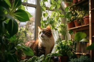 Katze und Haus Pflanzen im ein grün gefüllt Wohnung. generativ durch ai foto