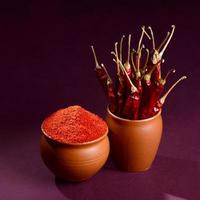 Chilipulver mit rotem Chili in Tontöpfen, getrocknete Chilis auf dunklem Hintergrund