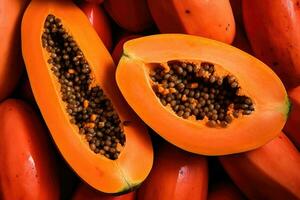 Papaya, Hälften von frisch saftig Orange tropisch Frucht. foto