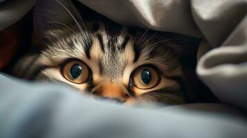 Foto von ein komisch Katze zusammengerollt oben im Decke. generativ ai