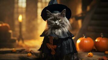 Foto von ein süß Katze tragen ein Halloween Kostüm. generativ ai