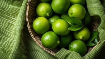 Grün frisch Zitronen auf ein Stroh klein Korb foto