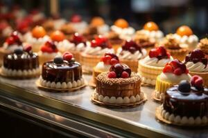 klein Kuchen auf Anzeige beim das Konditorei Schalter. foto