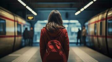 zurück Aussicht von Frau Stehen allein auf Plattform im U-Bahn oder auf Metro Bahnhof. foto