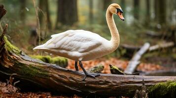 Foto von ein Schwan Stehen auf ein gefallen Baum Ast beim Morgen. generativ ai