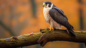 Foto von ein Wanderfalke Falke Stehen auf ein gefallen Baum Ast beim Morgen. generativ ai