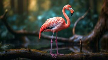 Foto von ein Flamingo Stehen auf ein gefallen Baum Ast beim Morgen. generativ ai