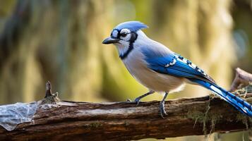 Foto von ein Blau Jay Stehen auf ein gefallen Baum Ast beim Morgen. generativ ai