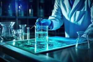 Wissenschaftler im Labor Analysieren Blau Substanz im Becherglas, Dirigieren medizinisch Forschung zum pharmazeutische Entdeckung foto