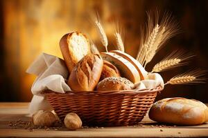 Brot und viele von frisch Brot Gebäck im ein Korb auf ein hölzern Tabelle foto