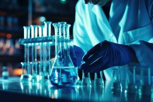Wissenschaftler im Labor Analysieren Blau Substanz im Becherglas, Dirigieren medizinisch Forschung zum pharmazeutische Entdeckung foto