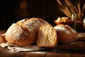 traditionell gesäuert Sauerteig Brot mit grob Haut auf ein rustikal hölzern Tisch. foto