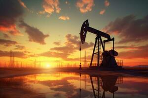 Öl Pumpe auf ein Sonnenuntergang Hintergrund. Welt Öl Industrie. foto
