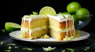 köstlich Limette Kuchen mit frisch Limette Scheiben foto