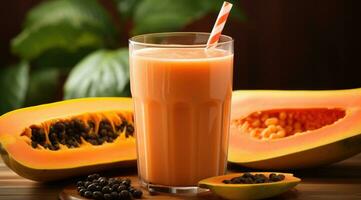 Papaya Smoothie selektiv Fokus Entgiftung Diät Essen Vegetarier Essen gesund Essen Konzept. foto