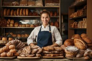 Porträt von ein erfolgreich weiblich Bäckerei Inhaber foto