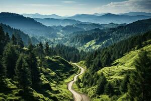 Drohne Auge Aussicht von ein Wicklung Wald Straße durch das heiter Grün Landschaft foto