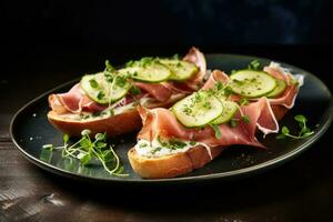 Sandwiches mit Sahne Käse Prosciutto Gurke und Rucola auf Teller foto