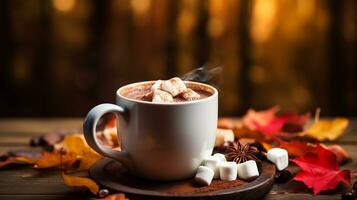 gemütlich Herbst Szene mit heiß Schokolade gekrönt mit schmelzen Marshmallows im Weiß Becher ai generativ foto