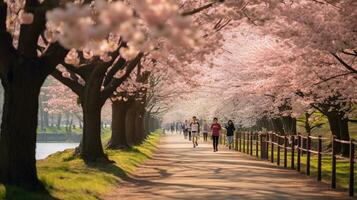 expansiv Frühling Park Szene gefüllt mit Blühen Kirsche Blüten und gesundheitsbewusst Einzelpersonen ai generativ foto