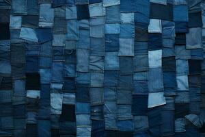 kreativ Patchwork von Denim Texturen im verschiedene Schatten von Blau, Ideal zum jugendzentriert Mode Anzeige ai generativ foto