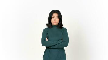 ernst Gesicht suchen beim Kamera von schön asiatisch Frau isoliert auf Weiß Hintergrund foto