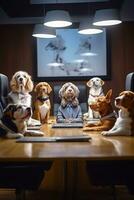 Eckzahn korporativ Coup - - komisch Hunde befehlend ein Geschäft Treffen ai generativ foto
