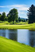 feiern das strahlend Schönheit von ein gut in Stand gehalten Golf Kurs unter ein verträumt Himmel ai generativ foto