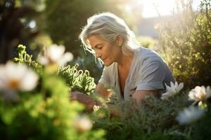 still Frühling Szene von ein mittleren Alters Frau Pflege ihr blühend Garten ai generativ foto