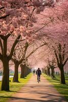 expansiv Frühling Park Szene gefüllt mit Blühen Kirsche Blüten und gesundheitsbewusst Einzelpersonen ai generativ foto