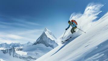 das schneebedeckt starten - - ein Skifahrer Sprung von Adrenalin und Abenteuer ai generativ foto