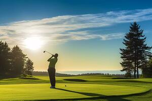 ein mitten im Schwung Golfspieler Silhouette gegen ein beschwingt Grün Golf Kurs unter ein klar Blau Himmel ai generativ foto