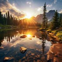 ätherisch Landschaft Schuss Erfassen das Sonne golden Farbton Über majestätisch Berge und heiter Seen ai generativ foto