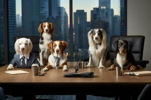 Eckzahn korporativ Coup - - komisch Hunde befehlend ein Geschäft Treffen ai generativ foto