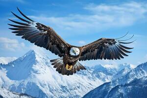 majestätisch Adler hochfliegend über ein makellos, schneebedeckt Berg Angebot unter ein Blau Himmel ai generativ foto