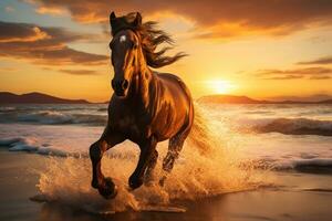 dynamisch Bild von ein Pferd galoppierend über ein sandig Strand gegen ein atemberaubend Sonnenuntergang ai generativ foto