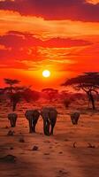 atemberaubend afrikanisch Safari Szene beim Sonnenuntergang mit Elefanten, Giraffen, und Zebras unter ein feurig Himmel ai generativ foto
