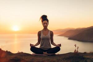 still Sonnenuntergang Yoga - - ein Wellness und Achtsamkeit Reise ai generativ foto