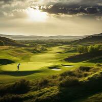 Erfahrung von Golf inmitten das riesig Weite von Natur und schön zündete Landschaft ai generativ foto