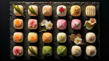 generativ ai, japanisch traditionell Süßwaren Kuchen wagashi, verschiedene Typen von Süßigkeiten foto