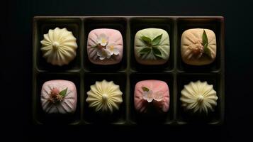 generativ ai, japanisch traditionell Süßwaren Kuchen wagashi, verschiedene Typen von Süßigkeiten foto