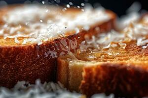 Kokosnuss Toast, Makro Schuss von ein frisch Frühstück mit tropft Honig, ai generiert foto