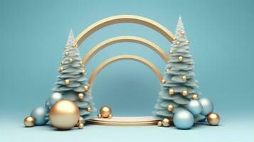 luxuriös 3d Blau Podium präsentieren großartig Gold Bogen Weihnachten Baum, ai generiert foto