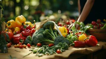 ai, ai generiert, Vegetarier Tag schließen oben Gemüse Markt, Öko Bewusstsein und nachhaltig Leben, fördern ein Grün, verantwortlich Lebensstil foto