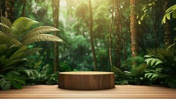 ai, ai erzeugt, aus Holz Podium im tropisch Wald zum Produkt Präsentation und Grün Hintergrund foto