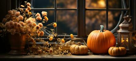 ai, ai generiert, gemütlich Herbst Anordnung auf ein Fensterbrett mit Kürbisse, Kürbisse, und Blätter, Hinzufügen Wärme und saisonal Halloween Charme zu Ihre Zuhause Dekor foto