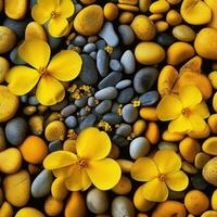 Senf Blumen, Kiesel, modern, beschwingt Hintergrund ai generiert foto