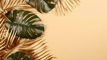 Gold farbig tropisch Palme Blätter auf Beige Hintergrund ai generiert foto